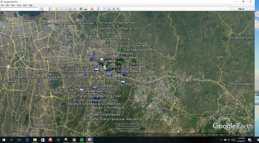 Gambar Google Earth Plot Lokasi Perumahan dan Fasilitas Penting di Bekasi
